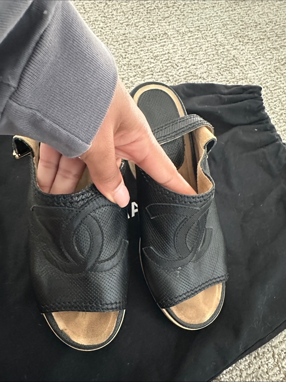 CHANEL Black Leather Peep-Toe Cork Block Heel Mules - Picture 9 of 10